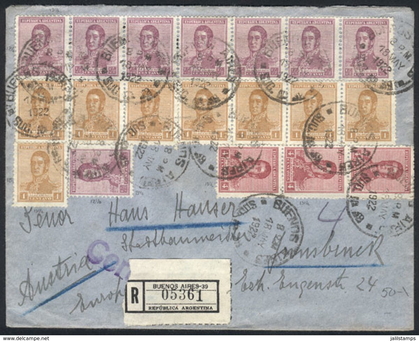 ARGENTINA: FANTASTIC POSTAGE. Registered Cover Sent From Buenos Aires To Austria On 18/MAY/1922 With Colorful Postage Of - Altri & Non Classificati