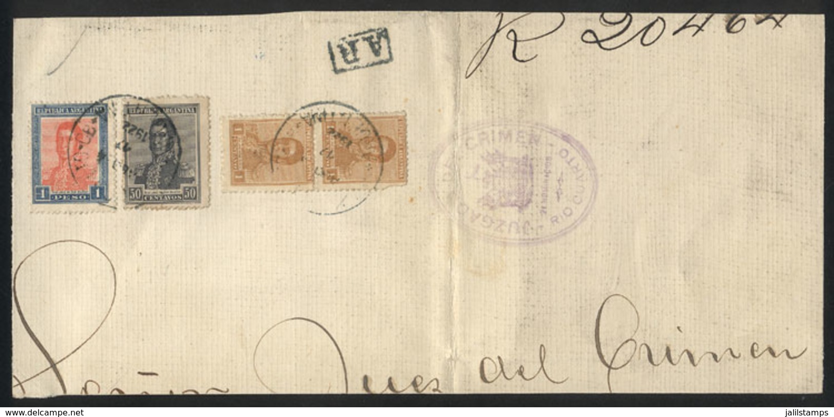 ARGENTINA: Large Fragment Of A Registered Cover Used In Rio Cuarto On 17/AU/1922, Nice Postage Of 1.52P., VF Quality! - Other & Unclassified