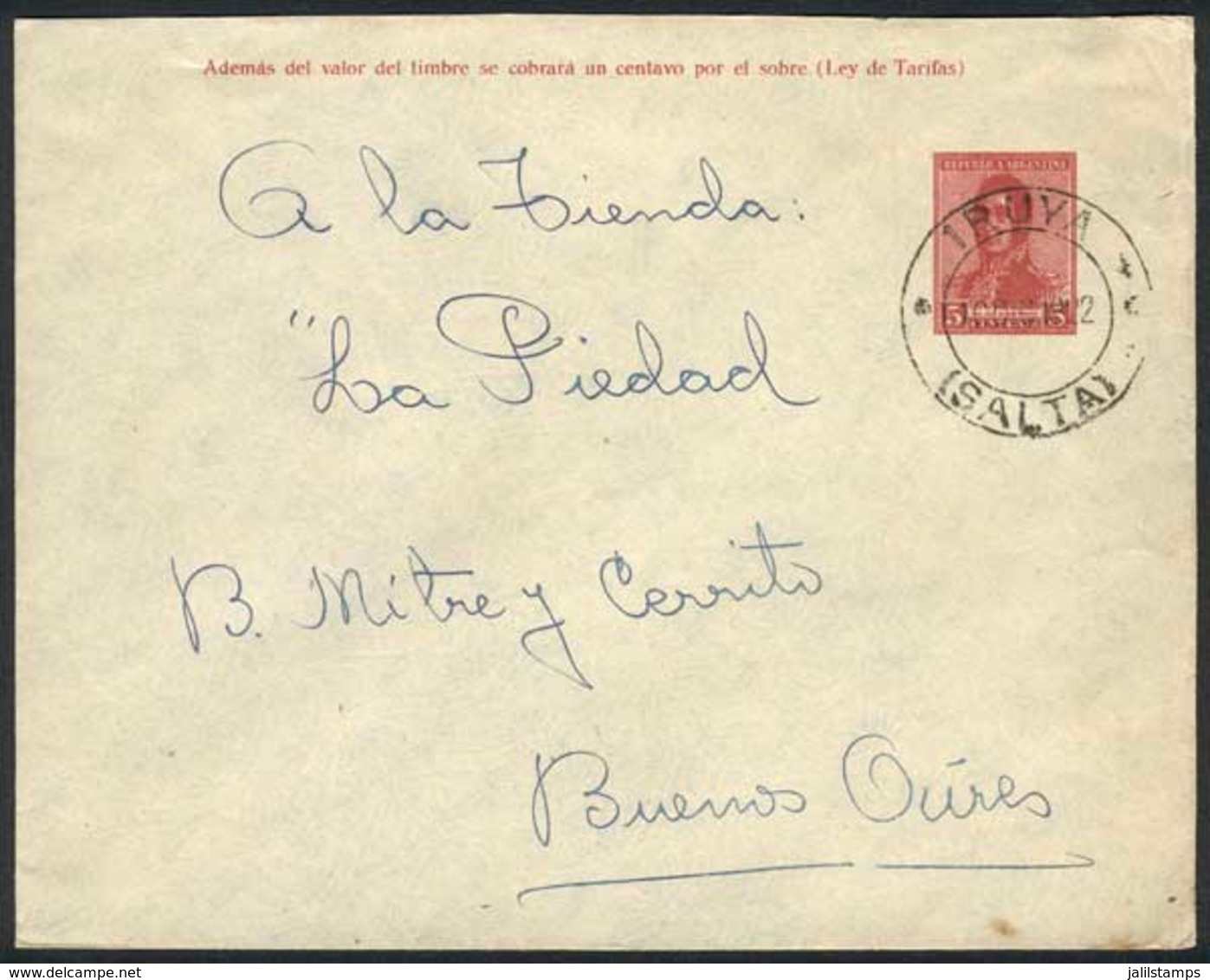 ARGENTINA: 5c. PS Cover Sent To Buenos Aires On 10/DE/1922, With Interesting Double Circle IRUYA (Salta) Cancel, VF Qual - Altri & Non Classificati