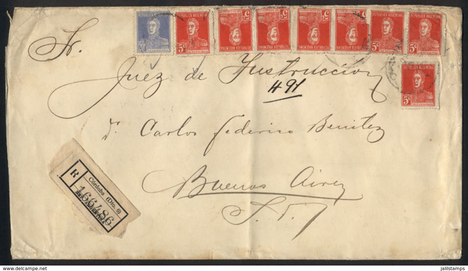 ARGENTINA: Registered Cover Sent From Córdoba To Buenos Aires On 16/MAR/1925 Franked With 60c. (San Martin W/o Period 5c - Other & Unclassified