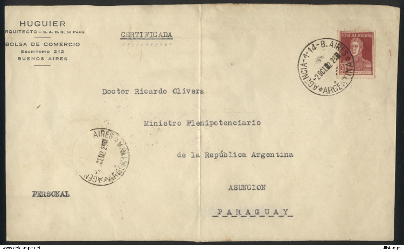 ARGENTINA: Front Of A Registered Cover Franked With 30c. San Martin W/o Period ALONE (GJ.605), Sent From Buenos Aires To - Other & Unclassified