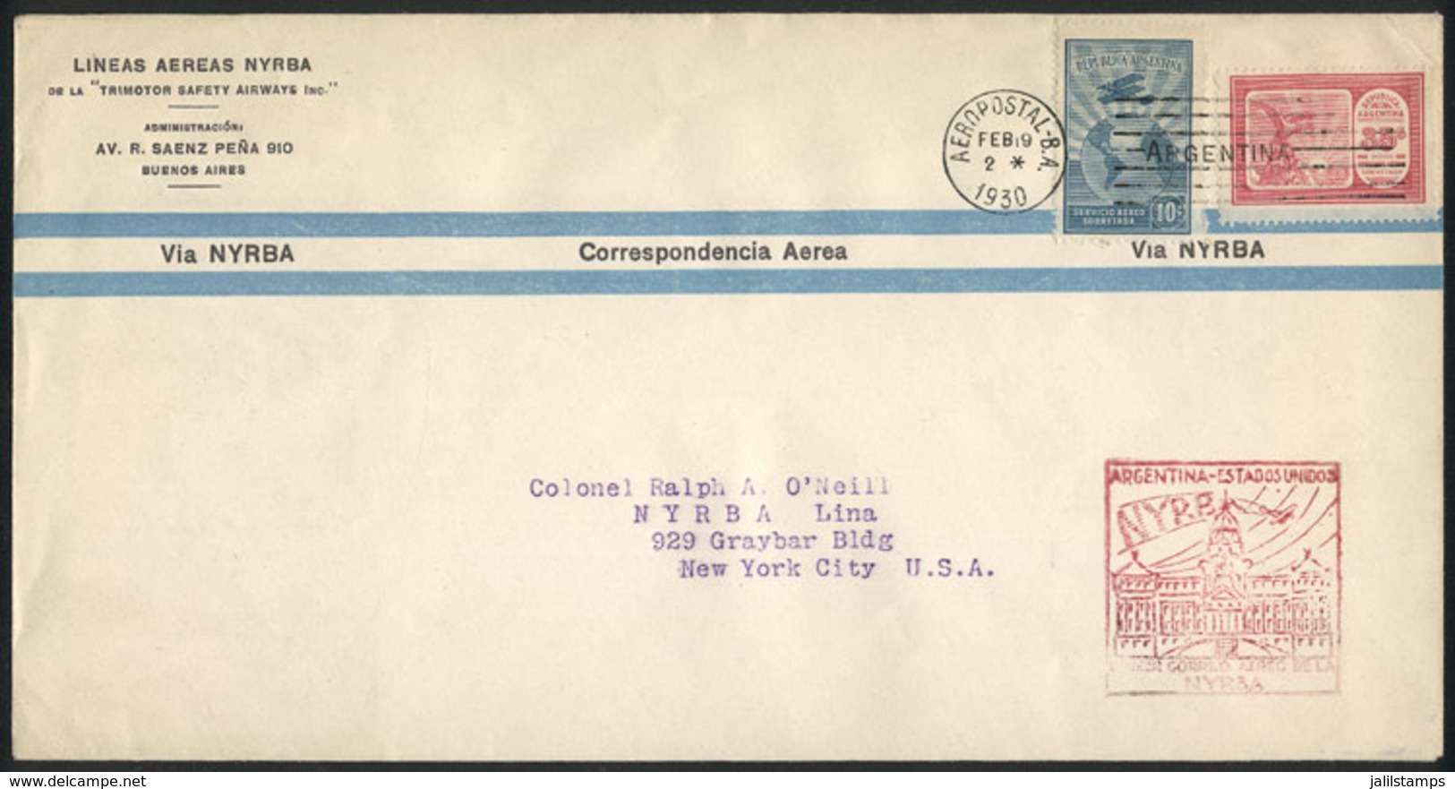 ARGENTINA: 19/FE/1930 NYRBA FIRST FLIGHT Buenos Aires - New York, Cover Of VF Quality, Without Arrival Backstamps But Wi - Altri & Non Classificati