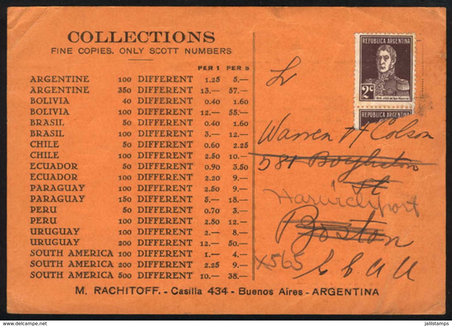 ARGENTINA: Circa 1930, Card With Price List Of The Stamp Dealer M. Rachitoff Of Buenos Aires, Franked With 2c. San Marti - Altri & Non Classificati