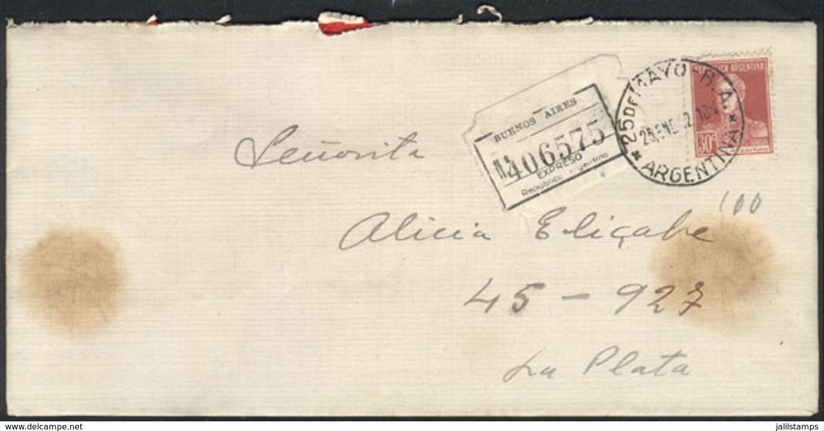 ARGENTINA: Registered Cover Franked With 30c. San Martín W/o Period ALONE, Sent From 25 De Mayo To La Plata On 25/JA/193 - Other & Unclassified