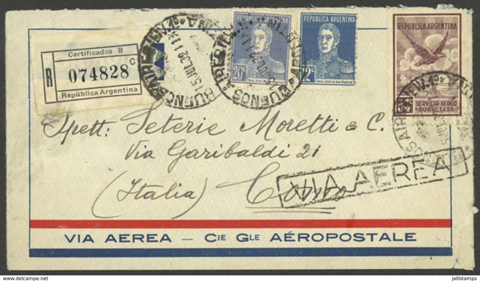 ARGENTINA: 15/JUL/1932 Buenos Aires - Italy, Registered Airmail Cover Franked With 86c., On Back Transit Mark Of Genova  - Other & Unclassified