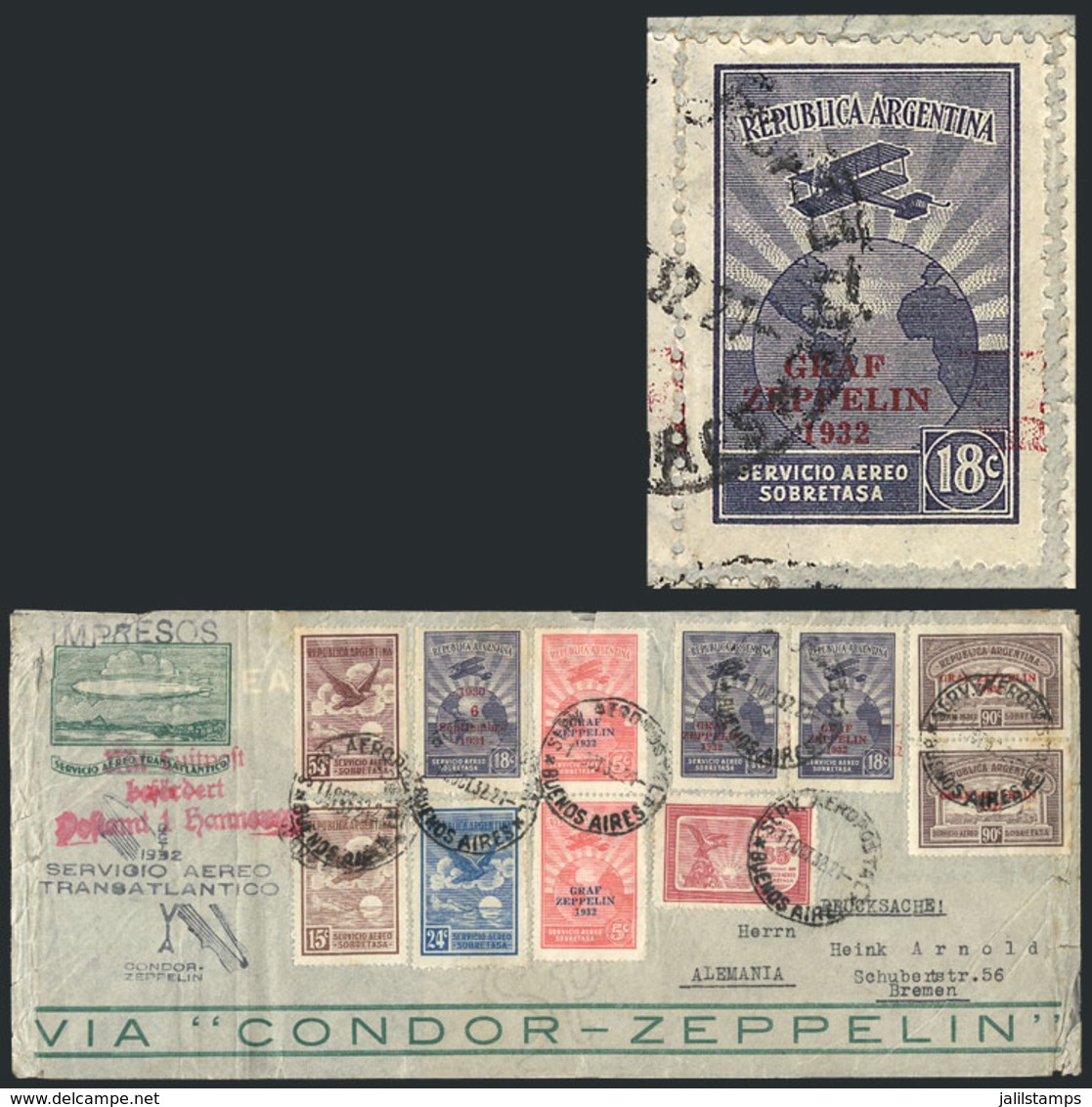 ARGENTINA: Cover Sent By ZEPPELIN To Germany On 11/OC/1932, Very Colorful Postage That Includes Pairs Of The Set GJ.720/ - Other & Unclassified