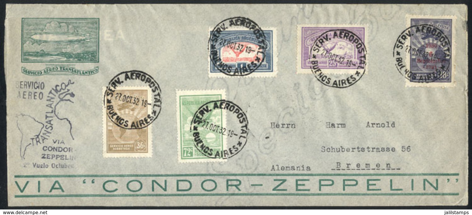 ARGENTINA: Cover Sent By ZEPPELIN To Germany On 27/OC/1932, Franked With 4 Different Stamps Of The First Airmail Issue + - Altri & Non Classificati