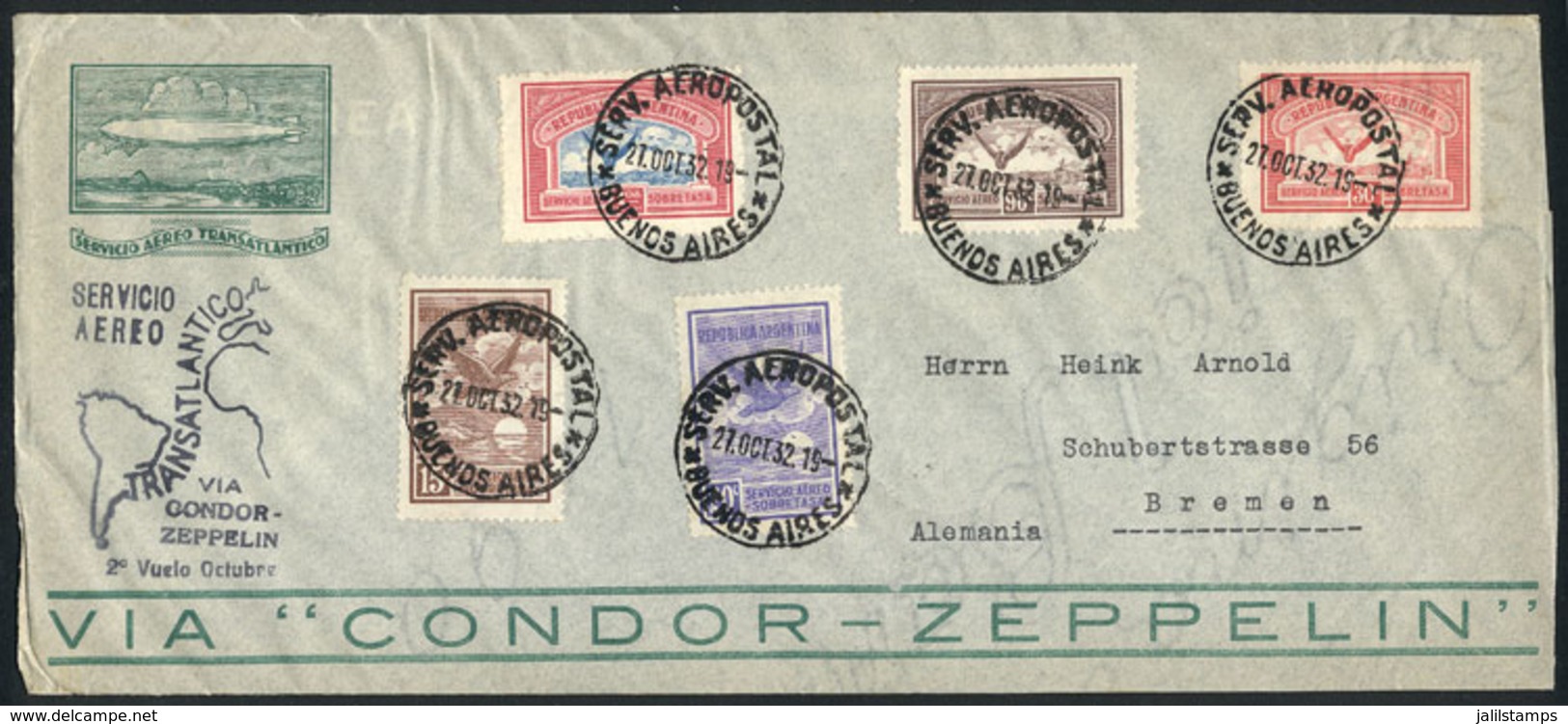 ARGENTINA: Cover Sent By ZEPPELIN To Germany On 27/OC/1932, Franked With 5 Different Stamps Of The First Airmail Issue,  - Other & Unclassified