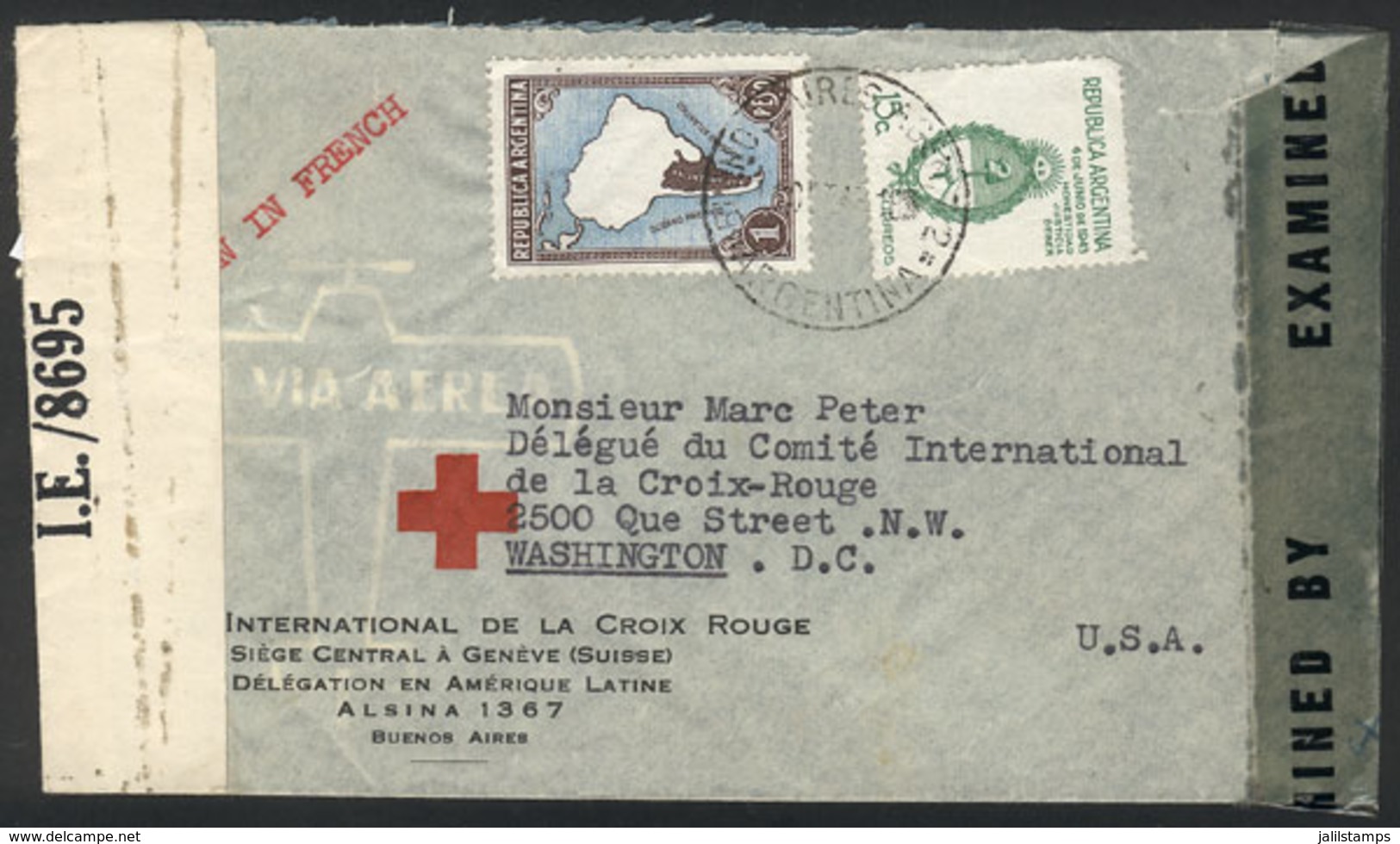 ARGENTINA: Airmail Cover Sent By The Red Cross In Buenos Aires To Washington On 11/OC/1943, Franked With 1P. Map CHALKY  - Other & Unclassified