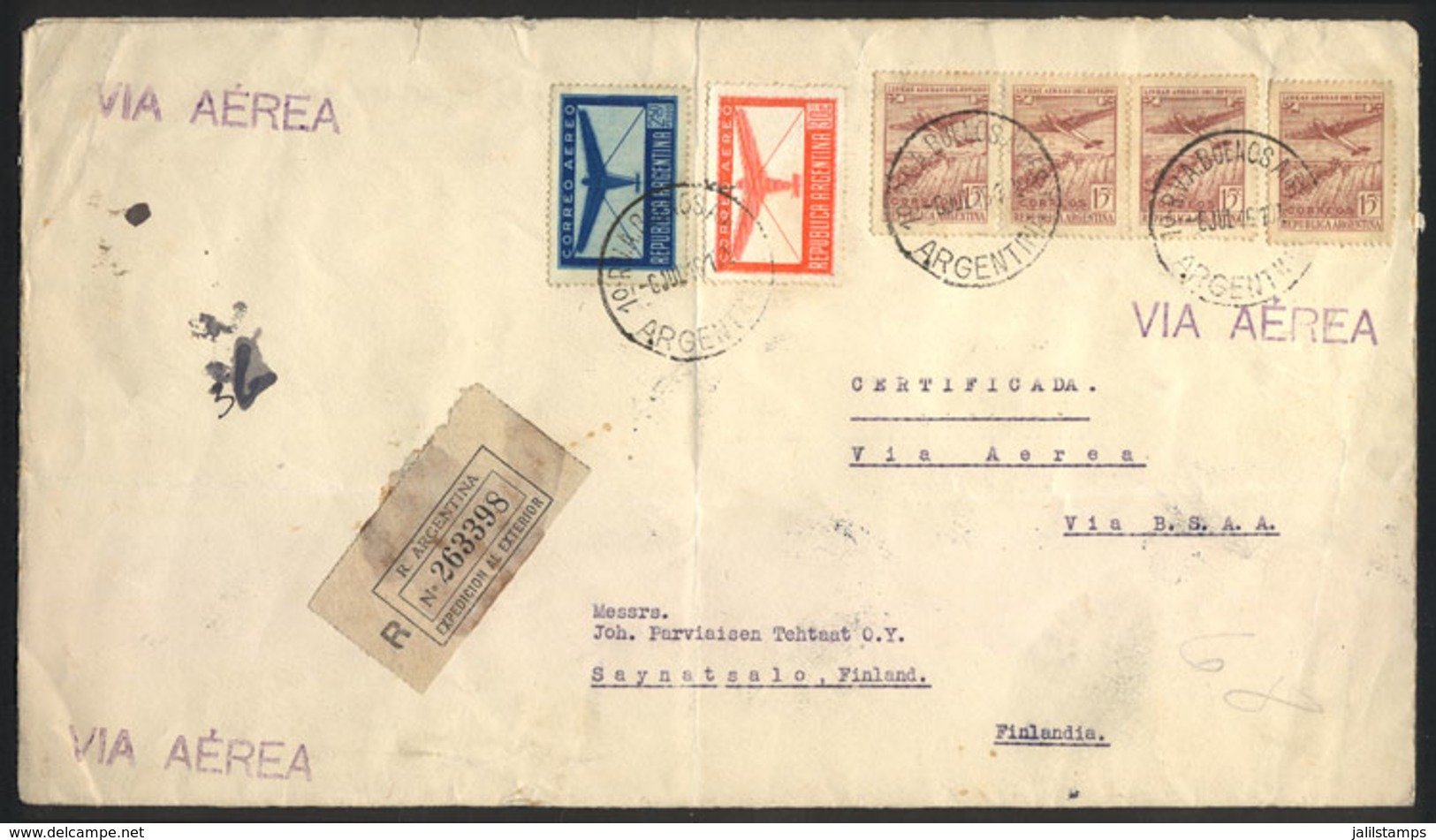 ARGENTINA: Registered Airmail Cover Sent From Buenos Aires To FINLAND On 6/JUL/1946, Franked With 3.40P., Including GJ.8 - Altri & Non Classificati