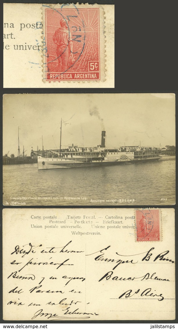 ARGENTINA: STEAMBOAT BERNA Of N. Mihanivich Ship Line, PC Sent To Buenos Aires With 5c. Postage And Cancel Of River PO # - Argentina