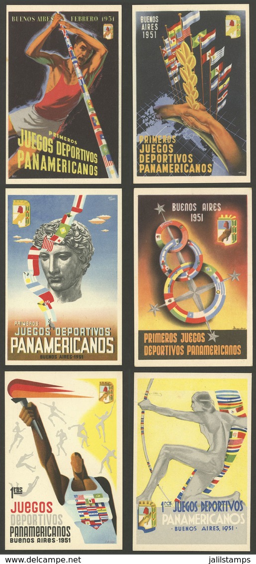 ARGENTINA: 1st Panamerican Games, Buenos Aires 1951: Set Of 6 Cards With Beautiful Motifs And Phrase Of Perón On Back, V - Argentina