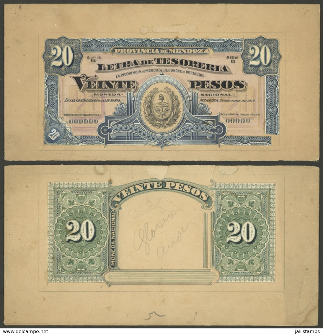 ARGENTINA: Treasury Bill Of The Province Of Mendoza, Bond Of 20 Pesos, Artist Design (front And Back) Mounted On Card, O - Other & Unclassified