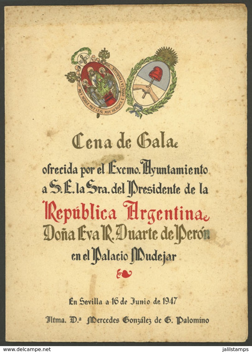 ARGENTINA: EVA PERÓN: Dinner Menu Of The Gala Dinner Offered In Honor Of Evita During Her Visit In Sevilla On 16/JUN/194 - Altri & Non Classificati