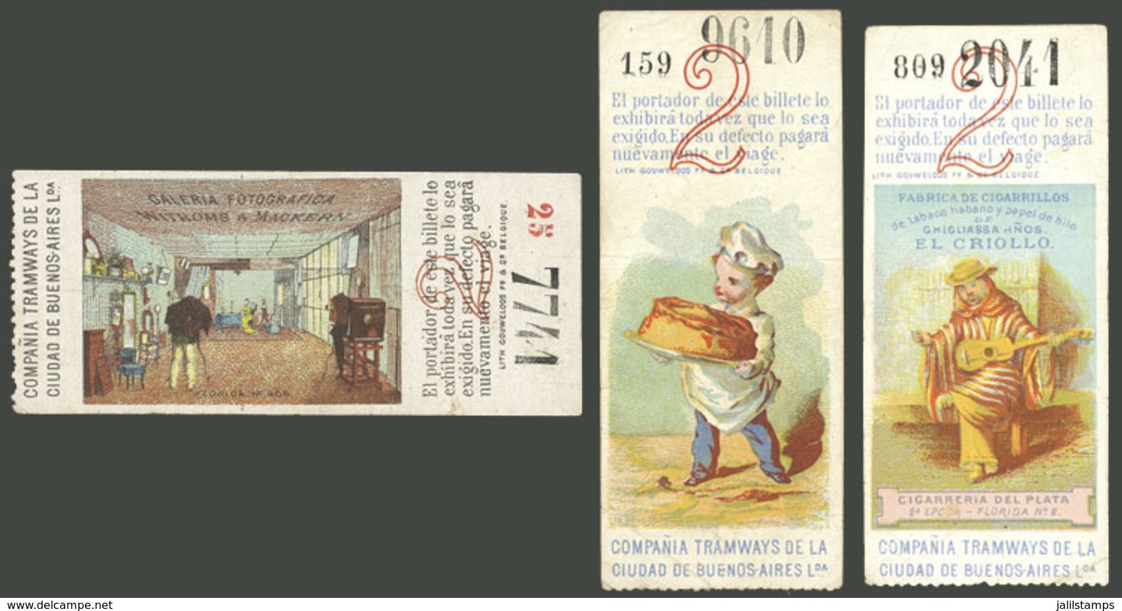 ARGENTINA: TRAM TICKETS: Circa 1870/80, 3 Tickets Of Compañía De Tramways De Buenos Aires With Very Nice Motifs And Adve - Altri & Non Classificati