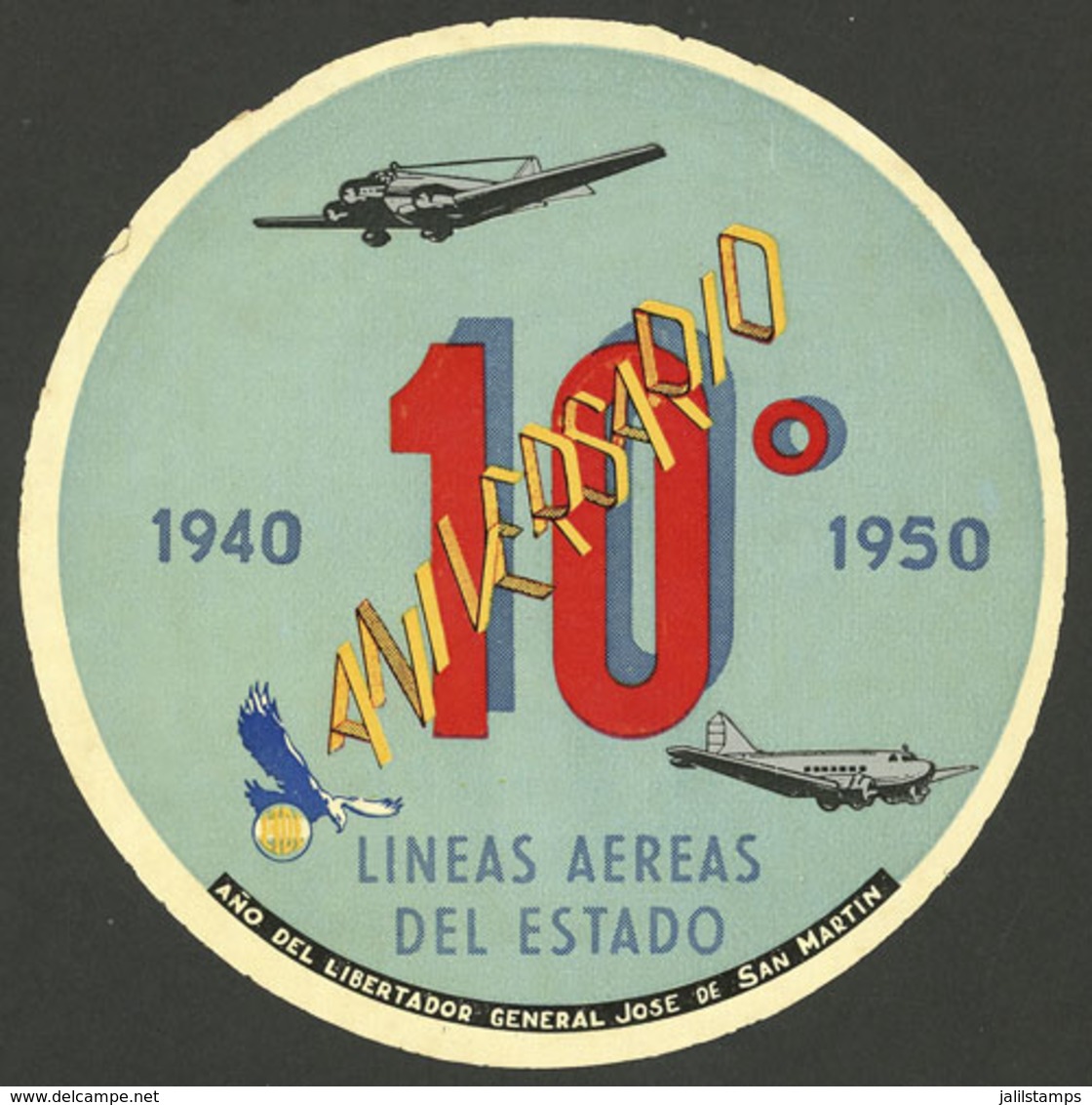 ARGENTINA: Year 1950: Luggage Label Of LADE Airline For Its 10th Anniversary, Rare! - Other & Unclassified