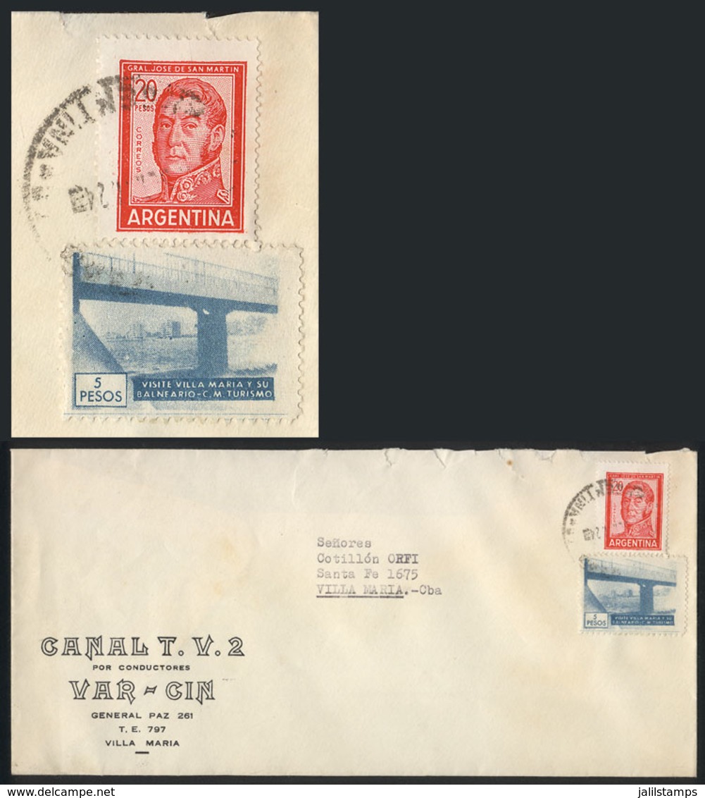 ARGENTINA: Rare Cinderella Of 5P. "Visit Villa María And Its Beach" + 20P. San Martin Franking A Cover, Both With Datest - Other & Unclassified