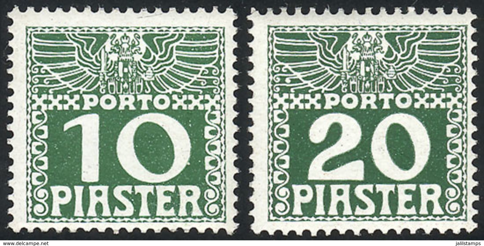 AUSTRIA - LEVANT: Sc.J12a + J13a, 1908 10Pi. And 20Pi. Printed In DARK Green On Chalky Paper, MNH, Excellent Quality! - Andere & Zonder Classificatie