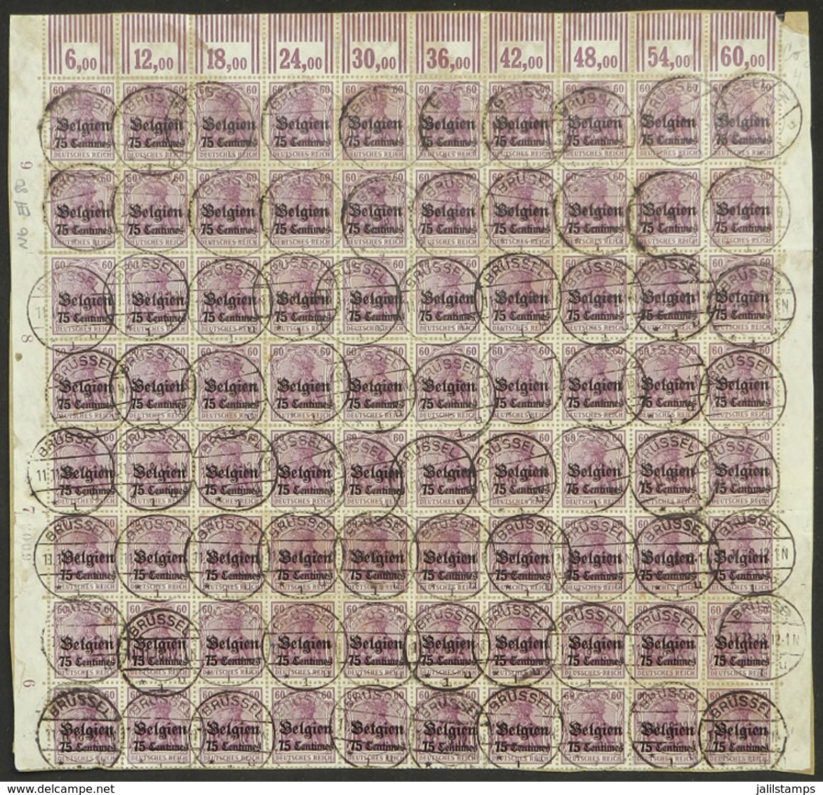BELGIUM: Sc.N6, 1914/5 75c. On 60Pg., Large Used Block Of 80 Stamps On Fragment, VF Quality! - Sonstige & Ohne Zuordnung