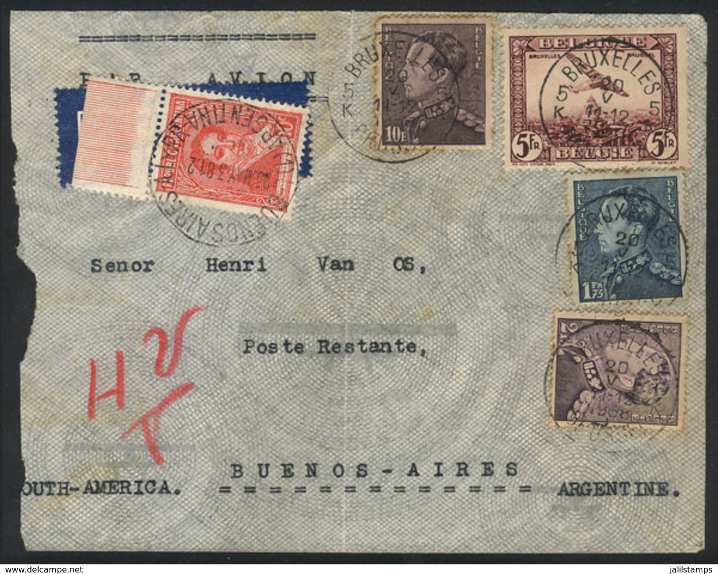 BELGIUM: MIXED POSTAGE: Airmail Cover Sent From Bruxelles To Argentina On 20/MAY/1938 With 18.75Fr. Franking. Sent To Po - Autres & Non Classés