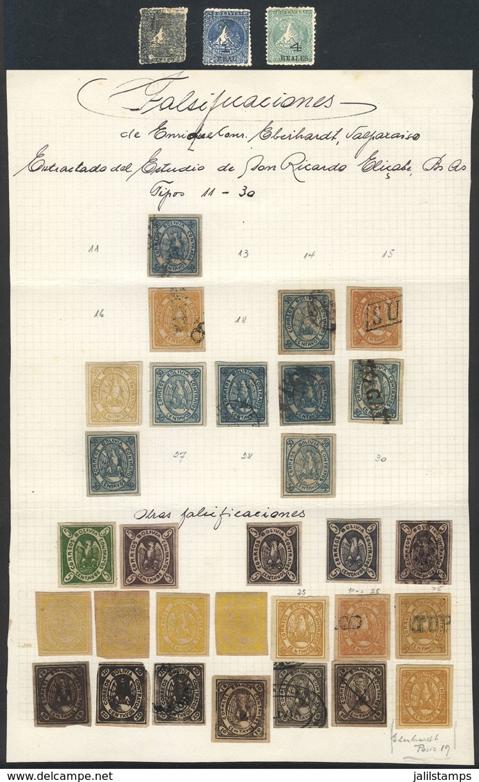 BOLIVIA: LOT OF FORGERIES OR REPRINTS: Old Album Page With 30 Condor Stamps, And 3 "Challas" In A Plastic Envelope, All  - Bolivia