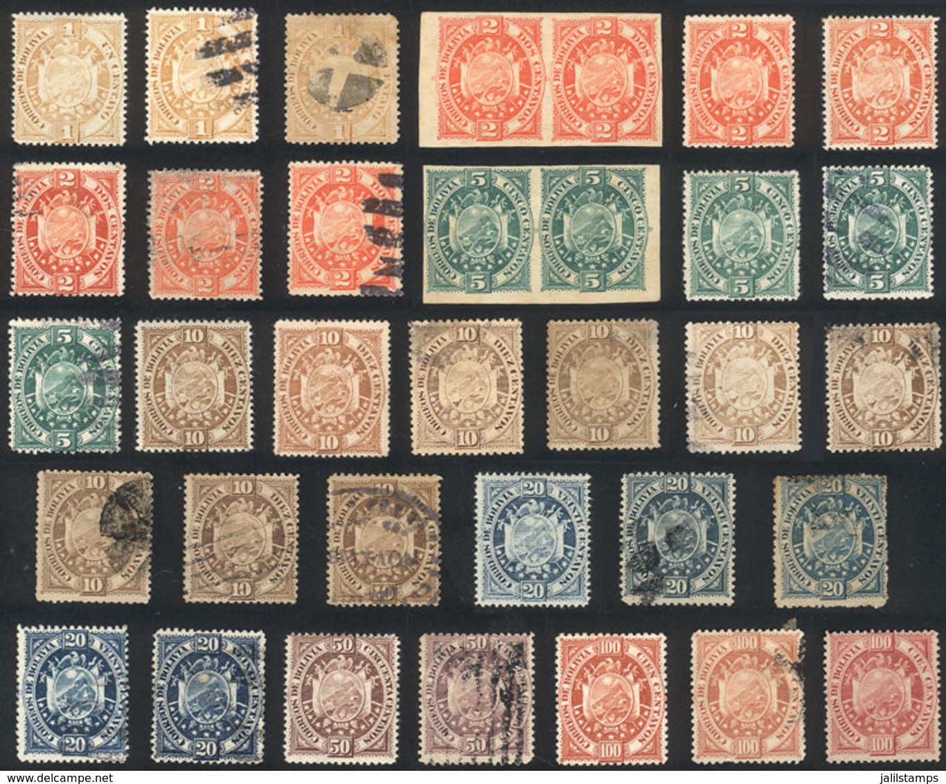 BOLIVIA: Sc.40/46, 1894 Coat Of Arms, Lot Of Stamps Printed On Thick Paper (Paris Printing, Fraudulent), That Were Event - Bolivien