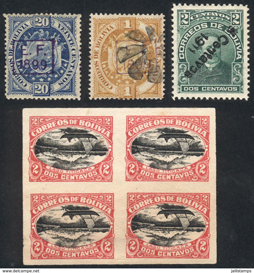 BOLIVIA: LOT OF FORGERIES: Small Lot Of 3 Stamps With Forged Overprints And A Block Of 4 Of Sc.113d (imperforate And Cen - Bolivia