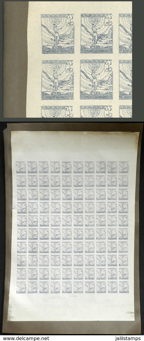 BOLIVIA: Sc.248, 1948 75c. PROOF IN NEGATIVE In The Original Color, Complete Sheet Of 100 Printed On Paper Affixed To Ca - Bolivien