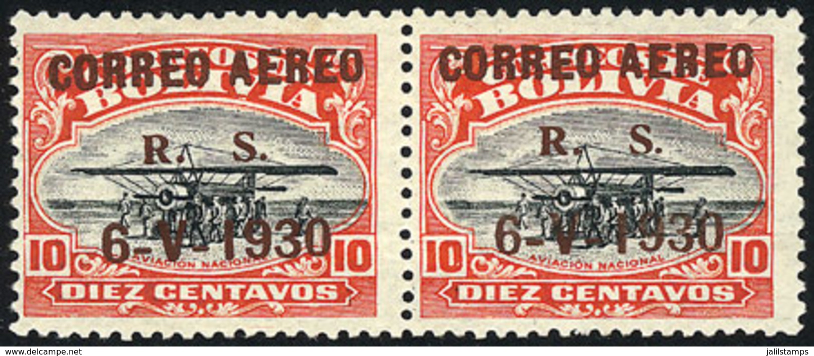 BOLIVIA: Sc.C13, 1930 Zeppelin, Pair Of 10c. With BROWN Overprint Instead Of Blue, Mint Very Lightly Hinged, With A Tiny - Bolivië