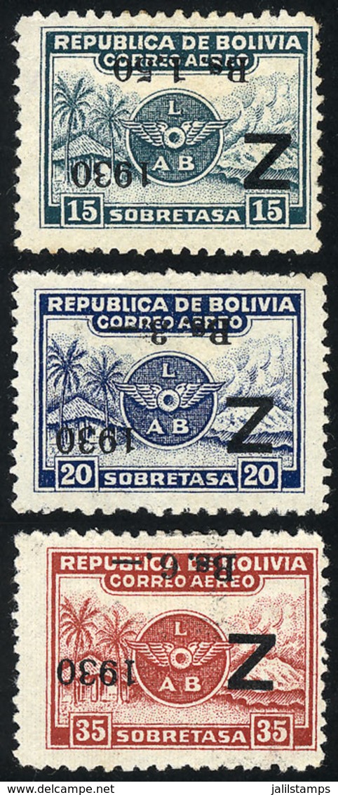 BOLIVIA: Sc.C24a + C25a + C26a, 1930 Zeppelin, Cmpl. Set Of 3 Values With INVERTED Overprint, Mint No Gum, VF Quality, V - Bolivia