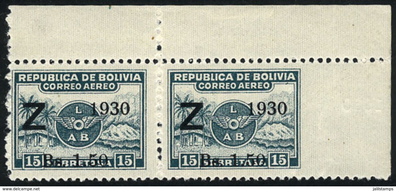 BOLIVIA: Sc.C24, Corner Pair, IMPERFORATE At Right, MNH (with Tiny Hinge Mark In The Top Margin), Superb, Rare! - Bolivie