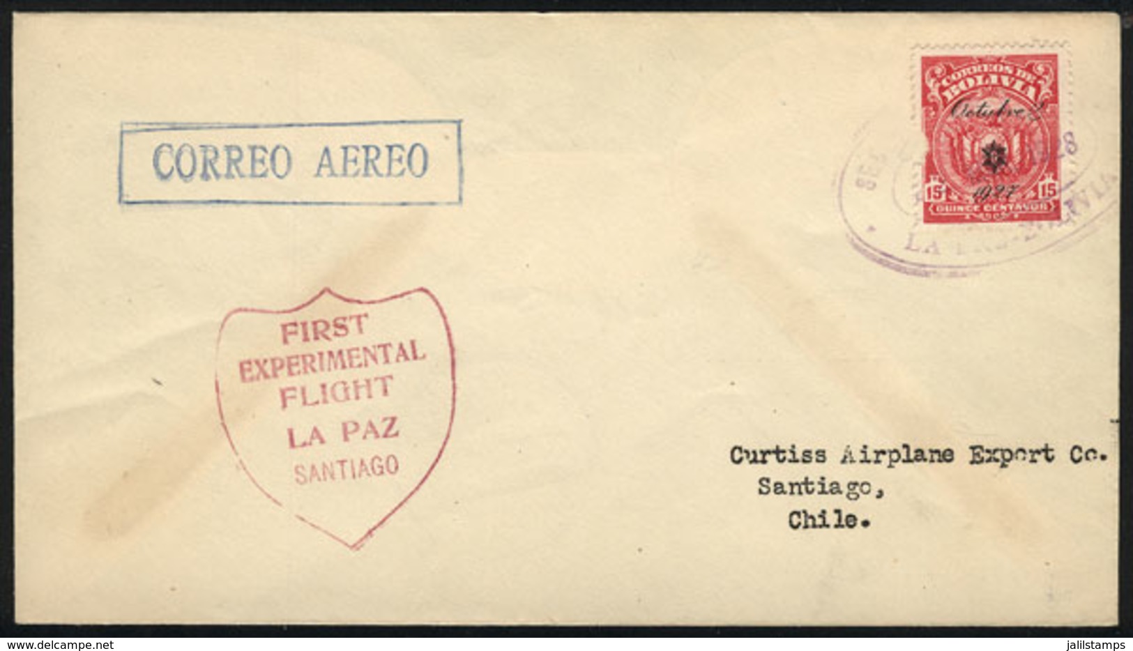 BOLIVIA: 24/MAR/1928 Doolittle First Experimental Flight La Paz - Santiago, Arrival Backstamp, The Postage Stamp Is Dama - Bolivia