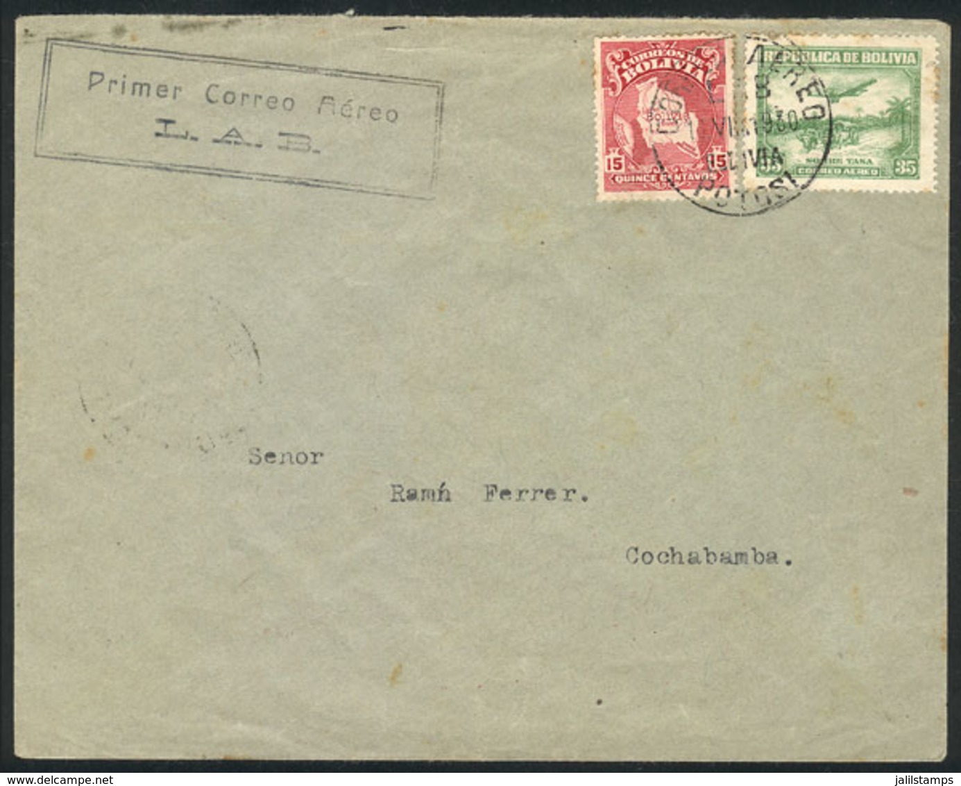 BOLIVIA: 16/AU/1930: Potosí - Cochabamba First Airmail, Arrival Backstamp, Fine Quality! - Bolivien