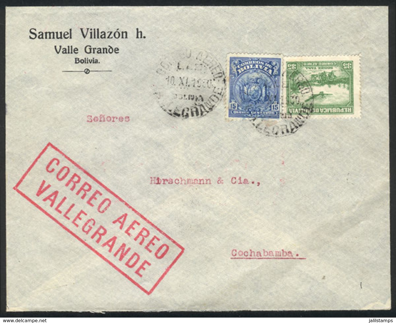 BOLIVIA: Airmail Cover Sent From Valle Grande To Cochabamba On 10/NO/1930 By LAB, Franked With 50c., With Arrival Backst - Bolivië