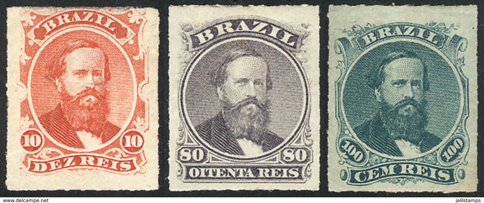 BRAZIL: Sc.61 + 64 + 65, 1876/7 Roulettted Of 10r., 80r. And 100r., Mint Original Gum, Fine To VF Quality, Rare! - Sonstige & Ohne Zuordnung