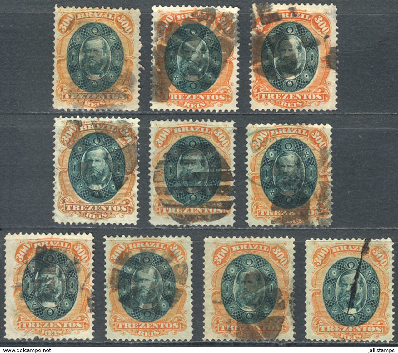 BRAZIL: Sc.66, 10 Used Stamps, Interesting Cancels, Catalog Value US$250, VF General Quality! - Autres & Non Classés