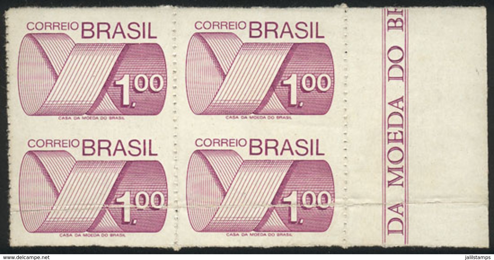 BRAZIL: Sc.1257 (RHM.552), Block Of 4 IMPERFORATE HORIZONTALLY Variety, The Lower Stamps With Crease, All The Same Very  - Sonstige & Ohne Zuordnung