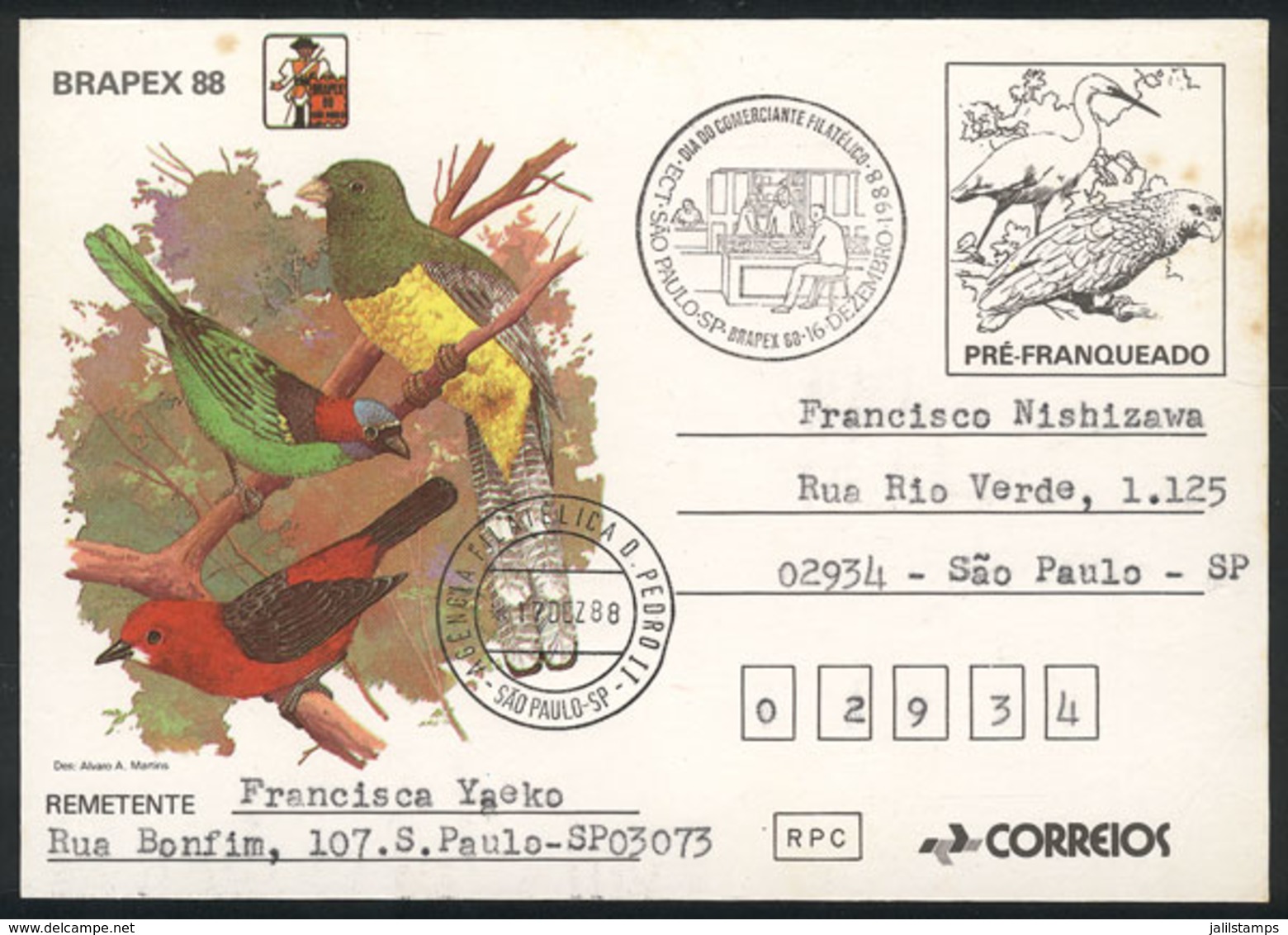 BRAZIL: RHM.BP-167 Postal Card, Brapex 88 (topic Birds), Used On 18/DE/1988, Very Rare, Unfortunately With Stain Spots,  - Autres & Non Classés