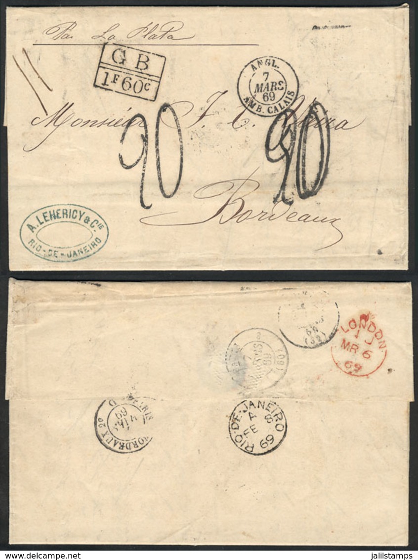 BRAZIL: Entire Letter From Rio De Janeiro (8/FE/1869) To Bordeaux Via British Mail, With A Number Of Interesting Postal  - Autres & Non Classés