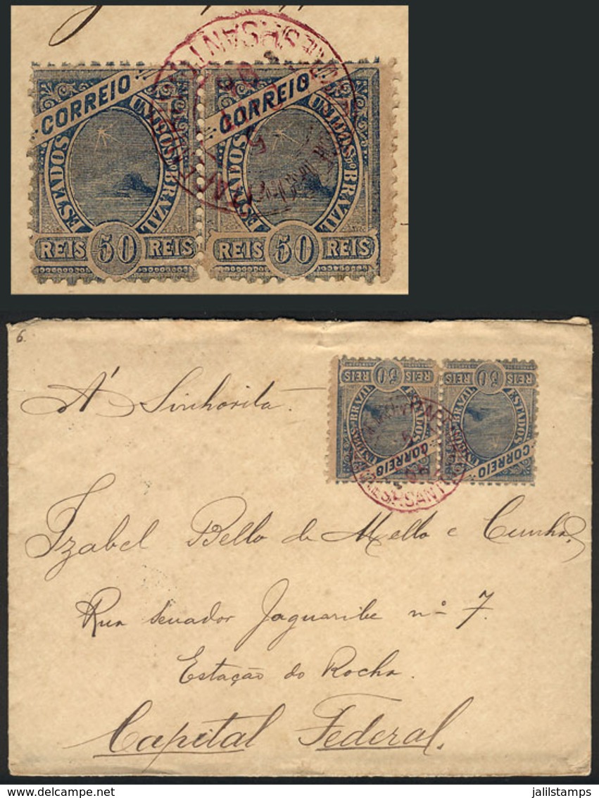 BRAZIL: Cover Franked With 100Rs. Sent To Rio On 5/OC/1896, With Interesting RED Postmark Of CACHOEIRO DE ITAPEMIRIM, VF - Sonstige & Ohne Zuordnung