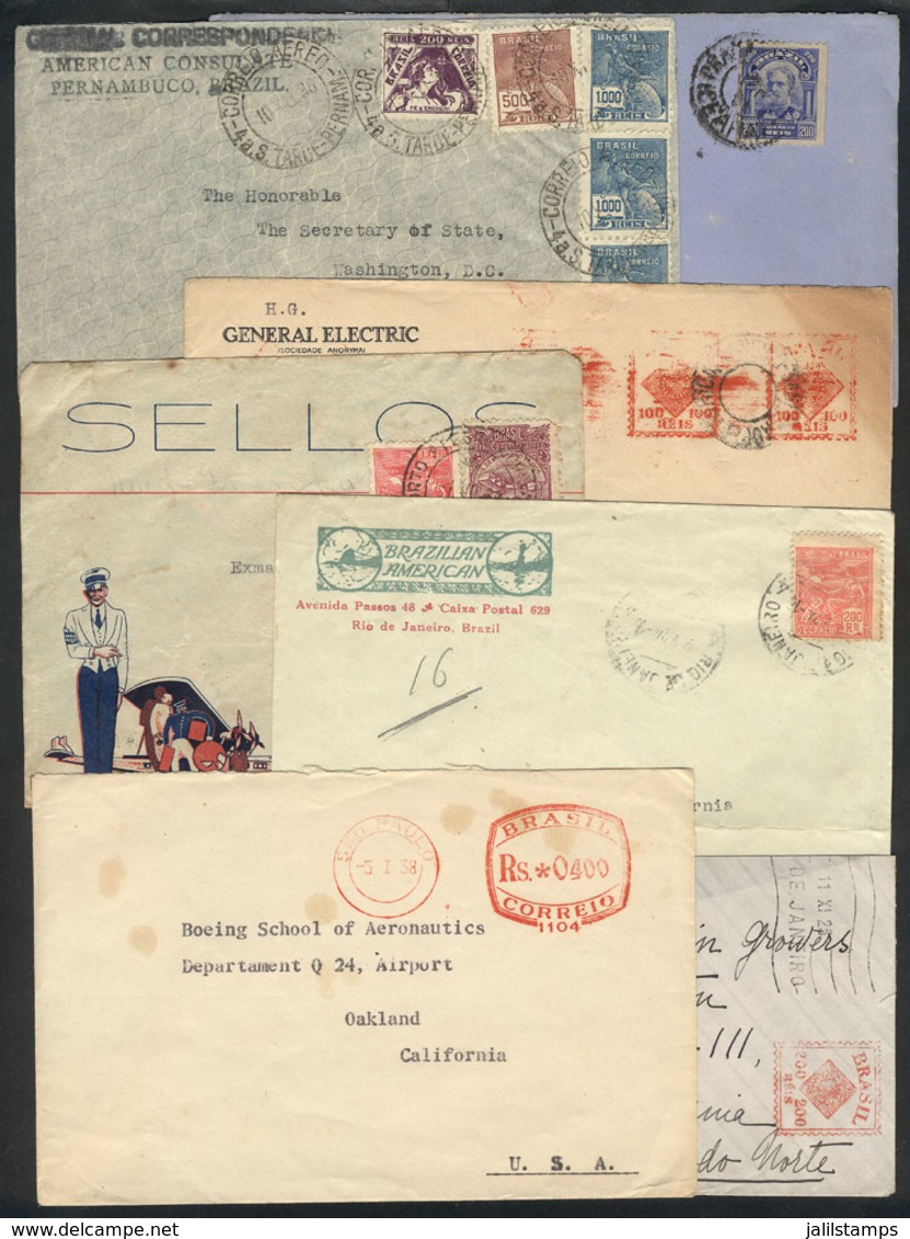 BRAZIL: 7 Covers Used Between 1918 And 1938, Varied Postages (coil Stamp, Metter Stamps, Airmail, Etc.), VF General Qual - Autres & Non Classés