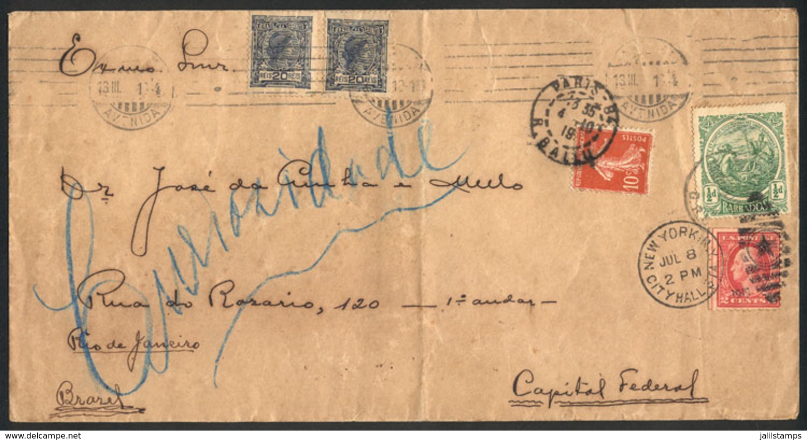 BRAZIL: Interesting Cover Originally Posted In Rio De Janeiro On 13/MAR/1919, With Postage And Postmarks Of: Barbados, U - Autres & Non Classés