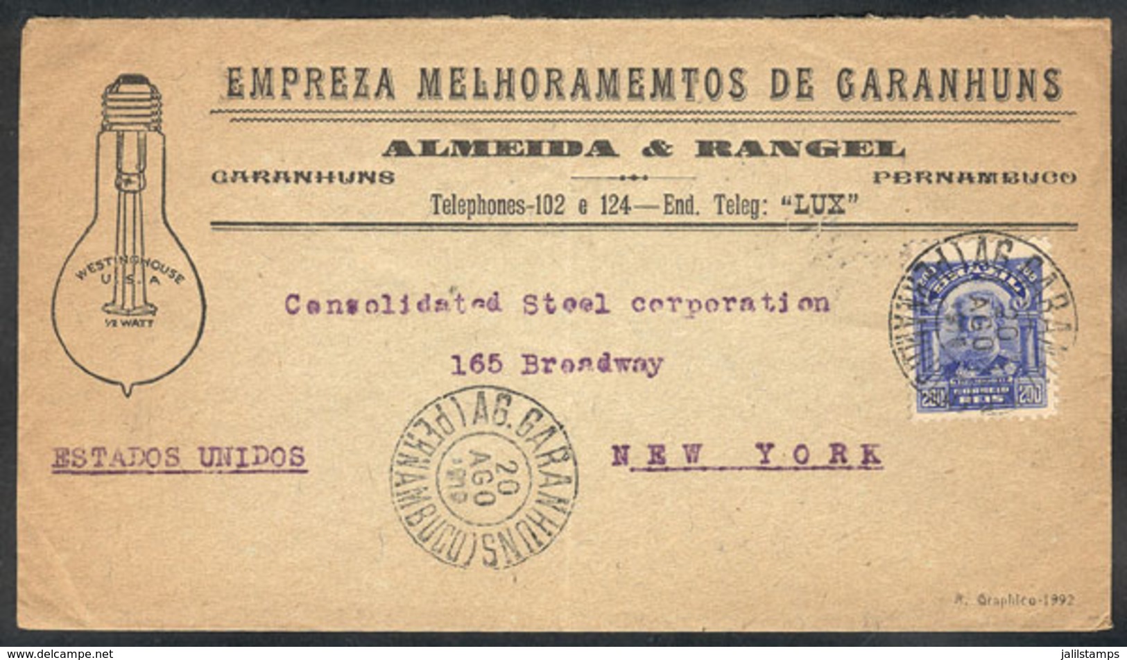 BRAZIL: Cover With Advertising Corner Card: "Westinghouse Electric Lamps", Sent From GARANHUNS To New York On 20/AU/1919 - Autres & Non Classés