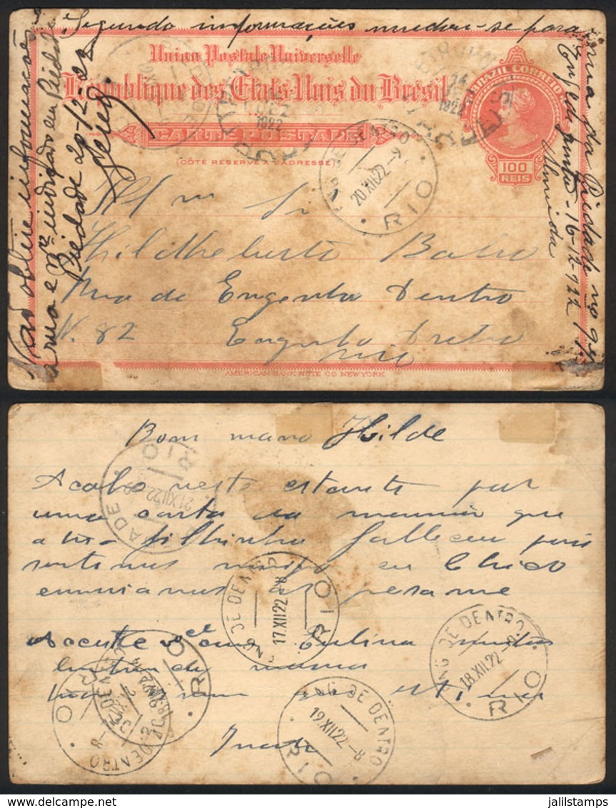 BRAZIL: 100Rs. Postal Card Sent From Petropolis To Rio On 12/DE/1922, With Detastamps Of Rio For 17, 18, 19, 20 And 21/D - Autres & Non Classés