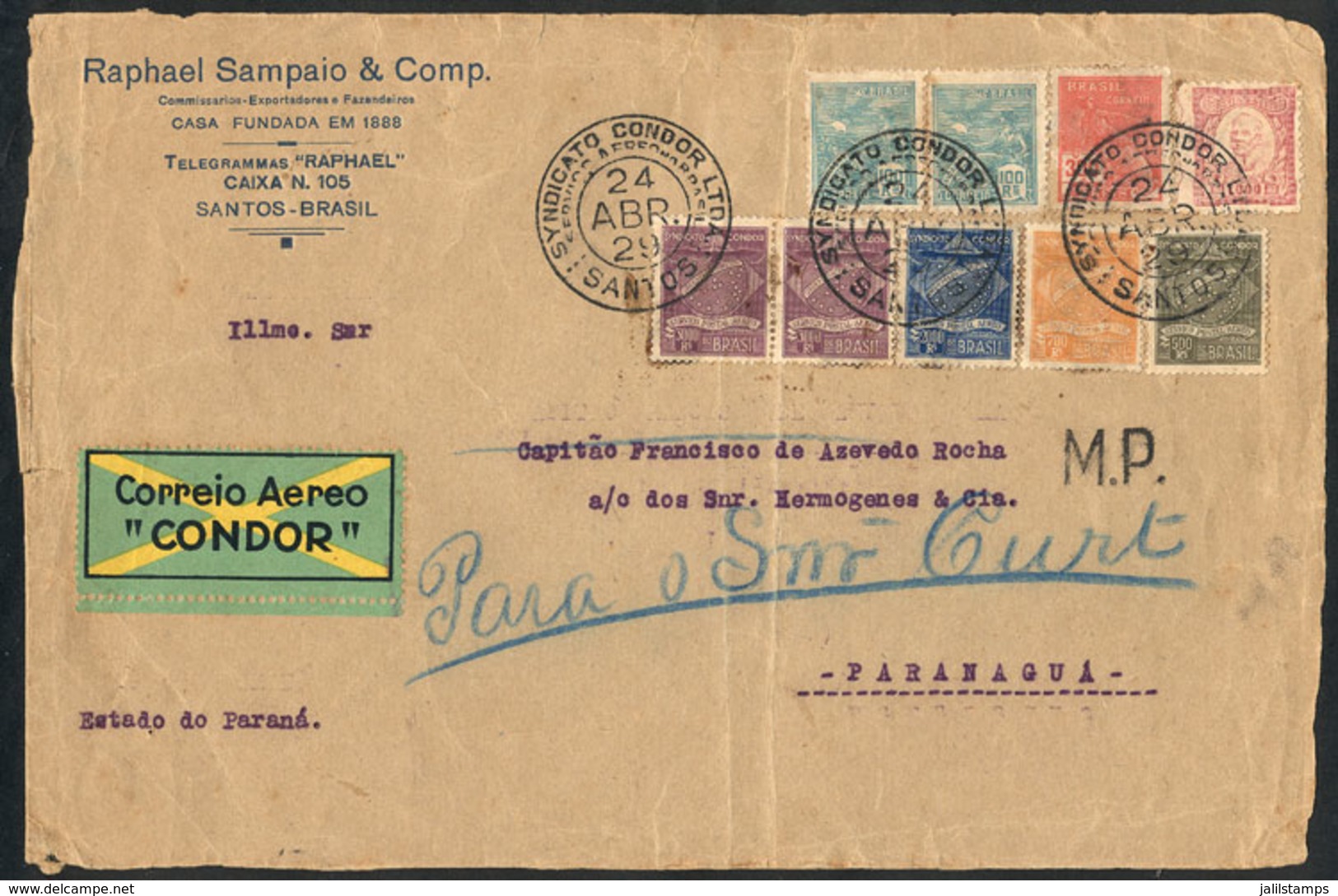 BRAZIL: Front Of Airmail Cover Sent Via CONDOR From Santos To Paranaguá On 24/AP/1929 With Fantastic Postage Of 10,770Rs - Autres & Non Classés