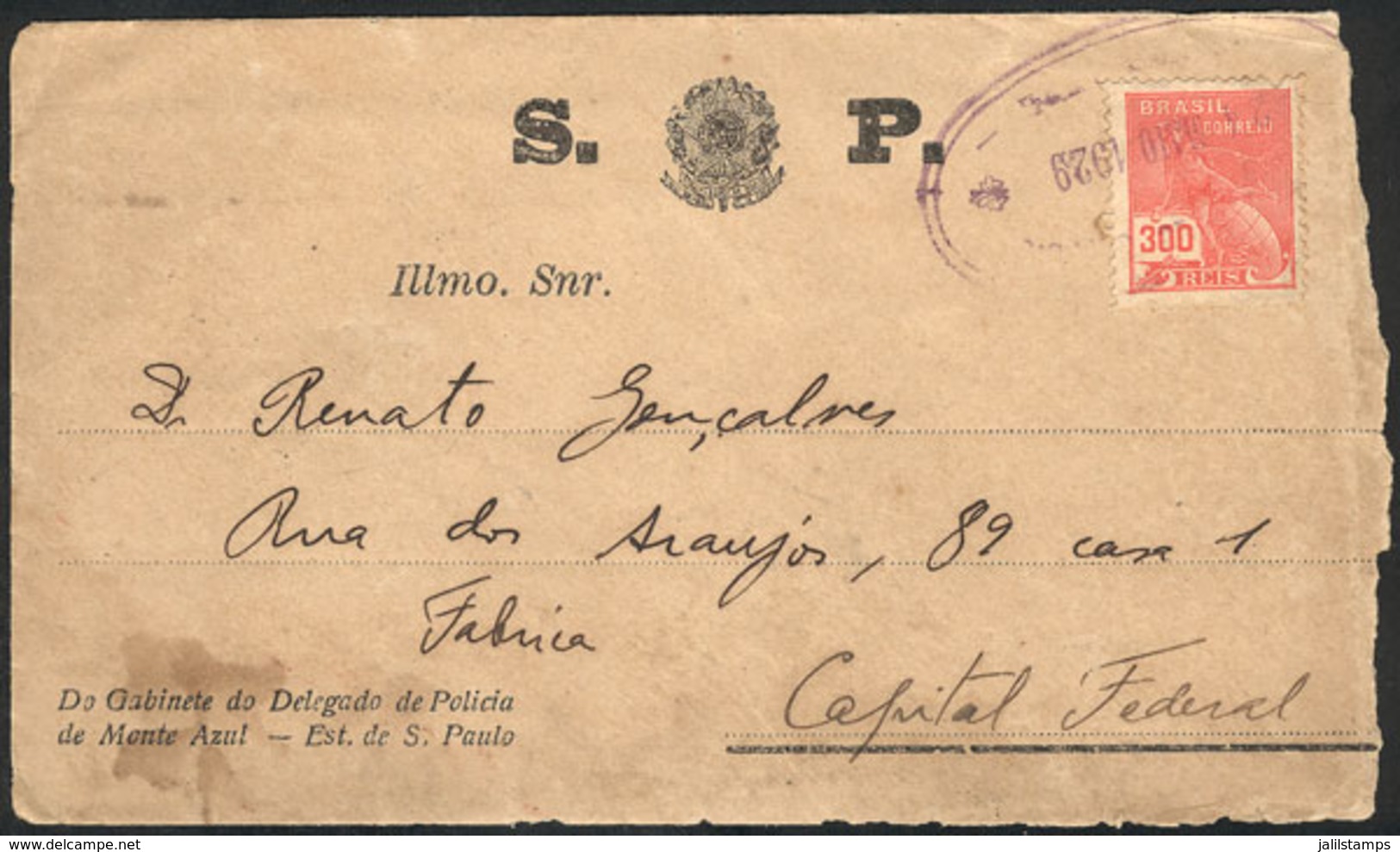 BRAZIL: Official Cover Sent By The Police Delegate Of MONTE AZUL (Sao Paulo) To A Friend In Rio On 24/MAY/1929, Franked  - Autres & Non Classés