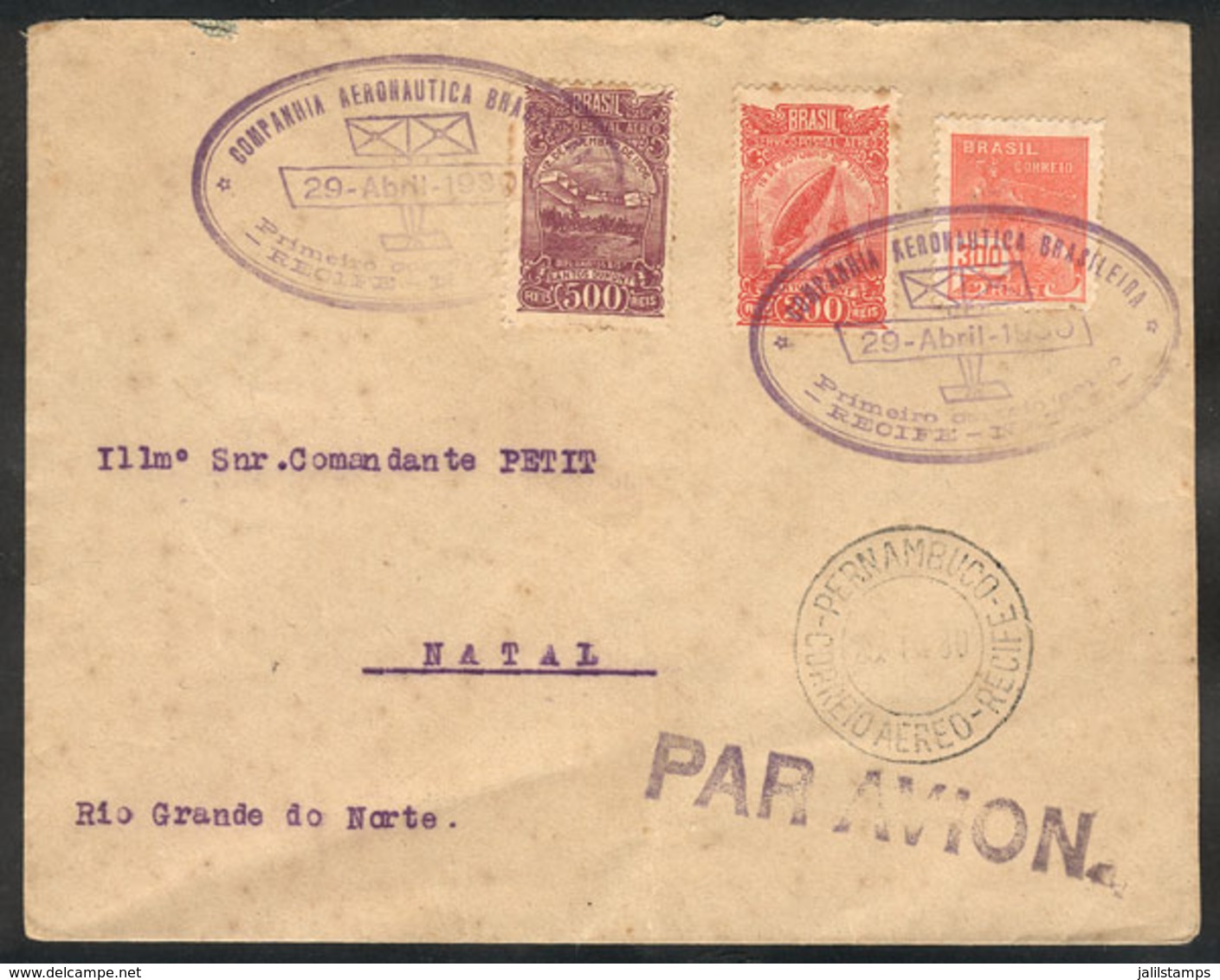 BRAZIL: 29/AP/1930 Recife - Natal: Cover Carried On First Airmail By C.A.B., VF Quality! - Other & Unclassified