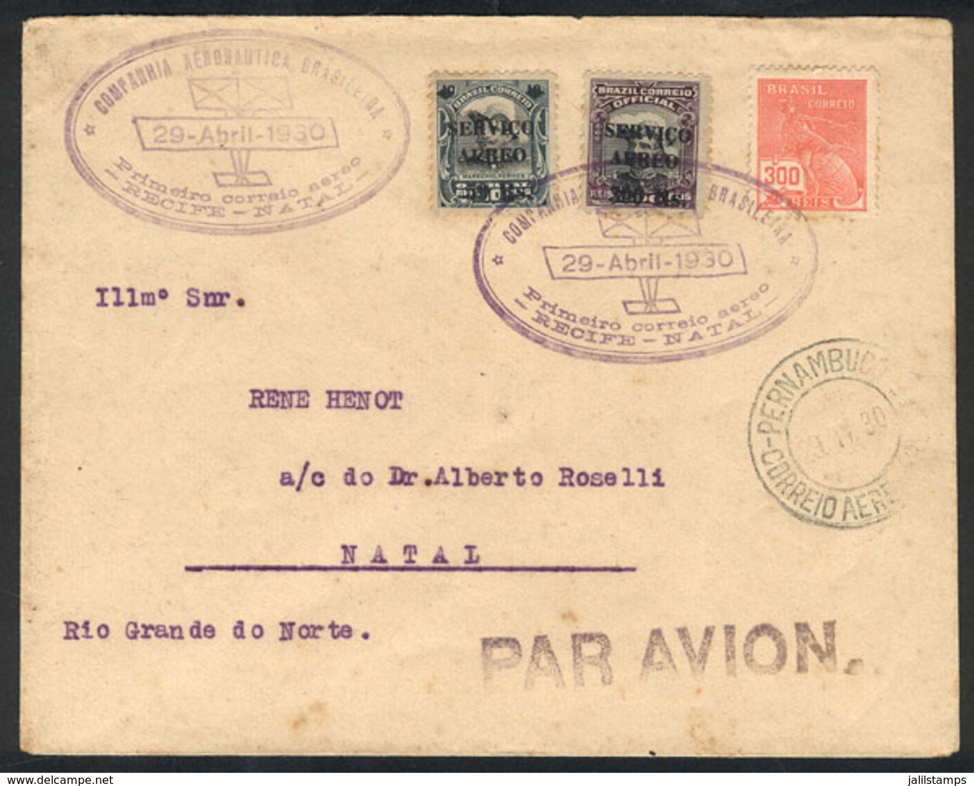BRAZIL: 29/AP/1930 First Airmail Between Recife And Natal, Via C.A.B., With Special Violet Cachet And Arrival Backstamp, - Autres & Non Classés