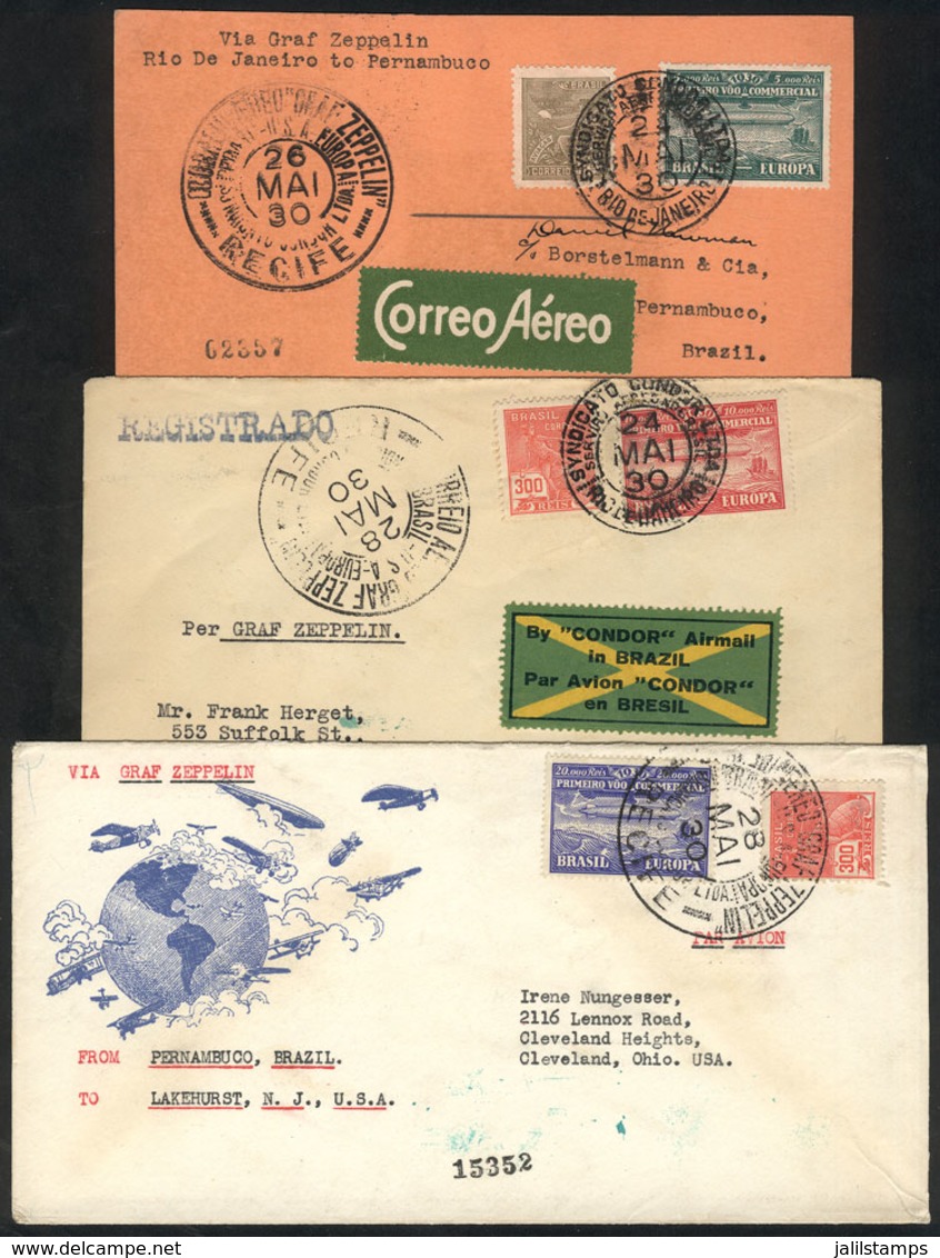 BRAZIL: 3 Covers Sent Via ZEPPELIN To USA Between 24 And 28/MAY/1930, Each One Franked With One Value Of The Issue Sc.4C - Autres & Non Classés