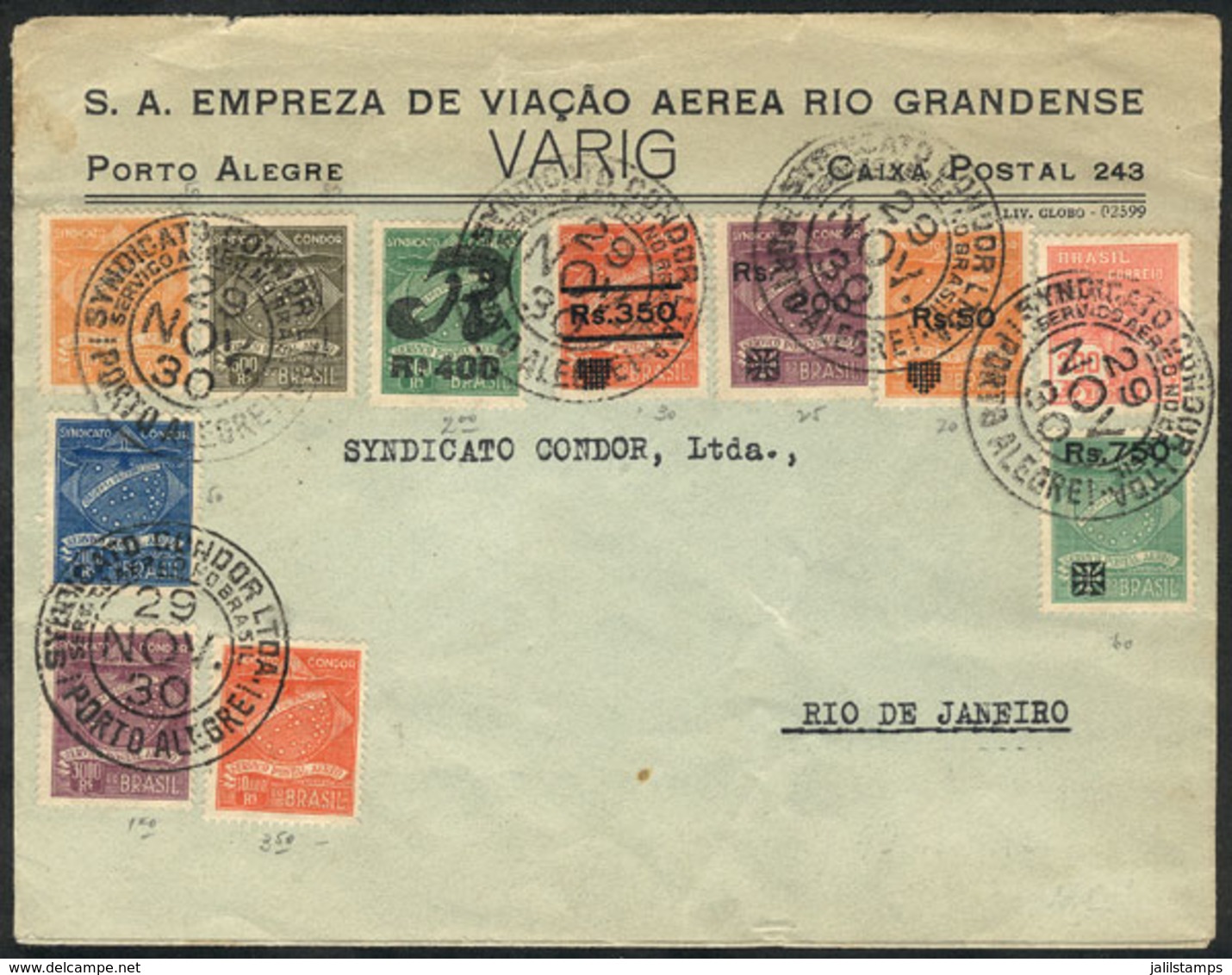 BRAZIL: Airmail Cover Sent From Porto Alegre To Rio De Janeiro On 29/NO/1930, With Spectacular Multicolored Postage Incl - Autres & Non Classés